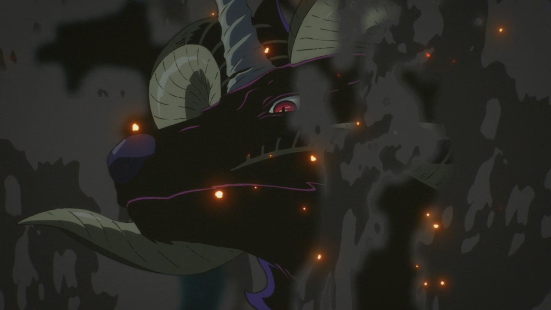 A majestic, horned black wolf, shrouded in smoke and fire